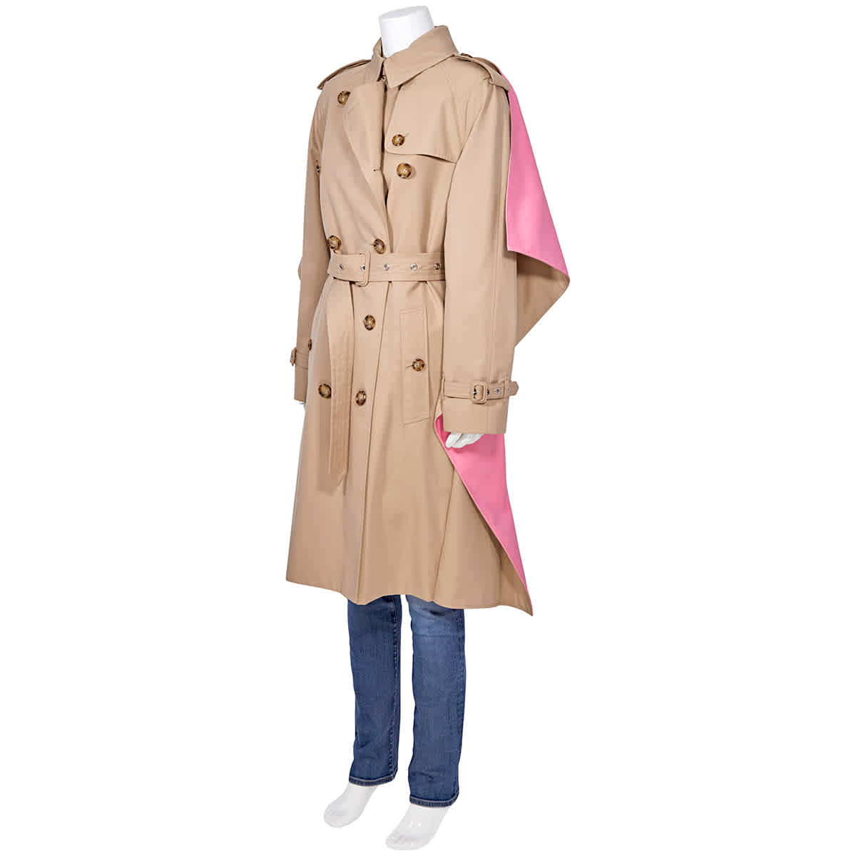 Soft Fawn Cotton Twill Contrast Cape Detail Double-breasted Trench Coat