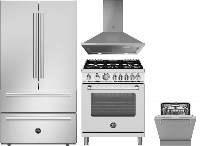 Bertazzoni 4 Piece Kitchen Appliances Package with French Door Refrigerator, Gas Range and Dishwasher in Stainless Steel BERERADWRH1134