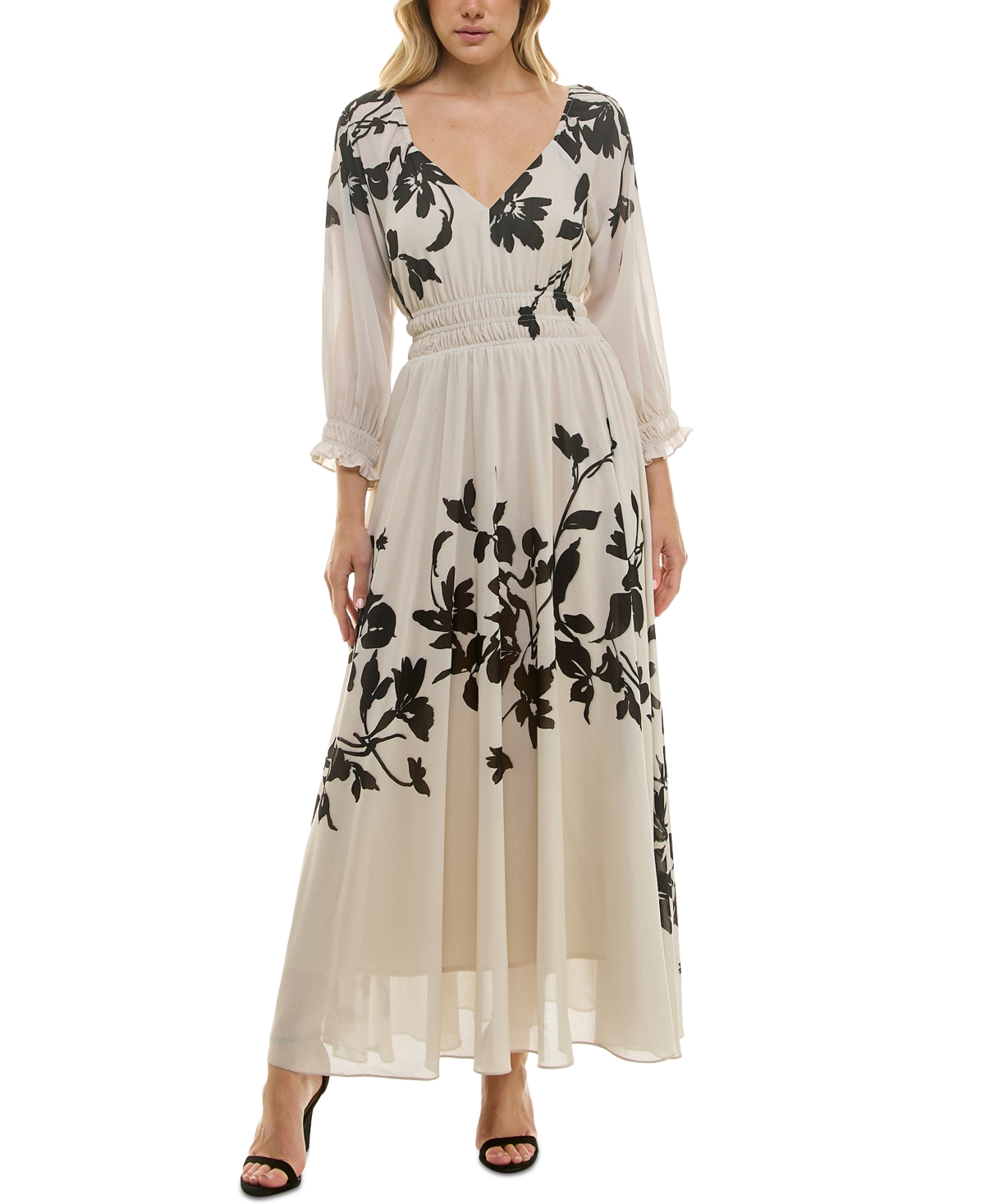 Women's Pleated Long-Sleeve Chiffon Midi Dress - Ecru/lava Black