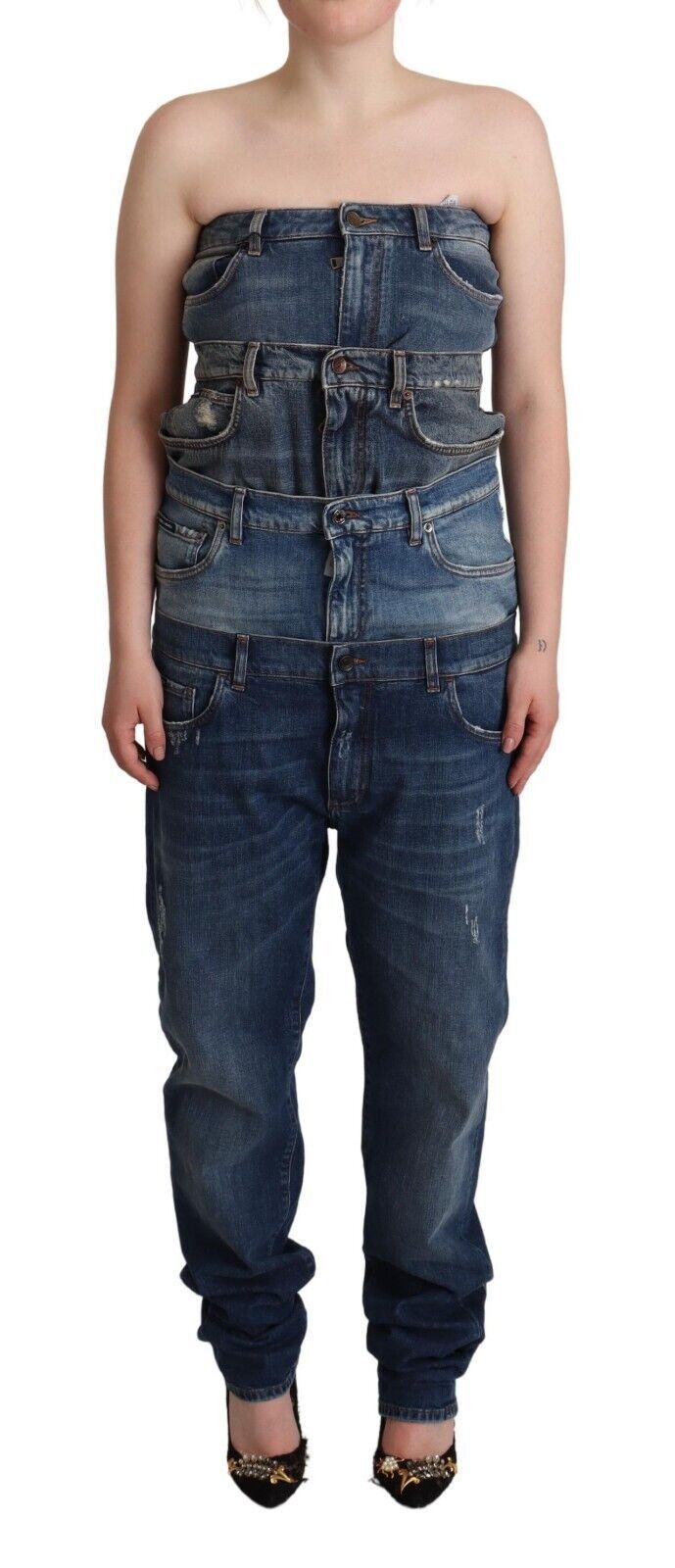 Strapless Denim Jumpsuit — Blue