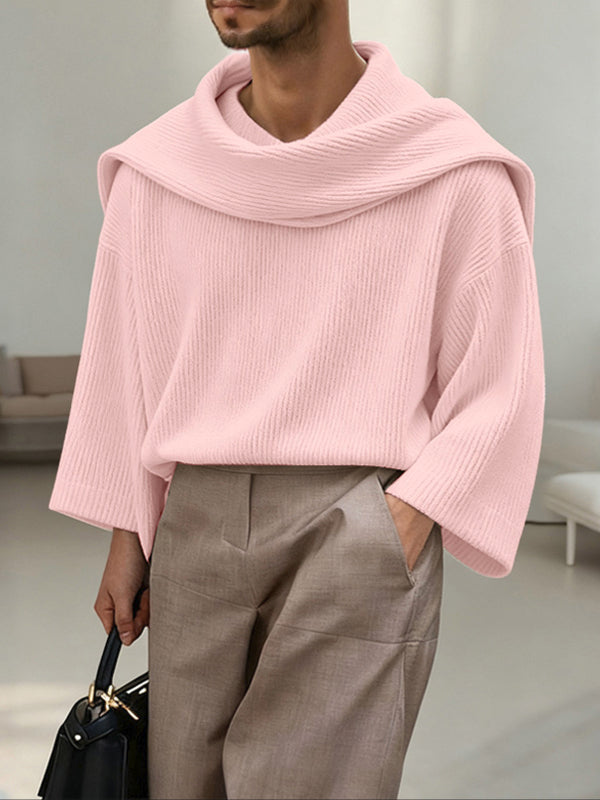 Men's Solid Color Textured Drape Neck Long Sleeve Sweater SKUL45163 - Pink / S