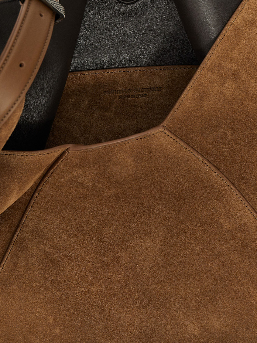 Suede shoulder bag with engraved logo