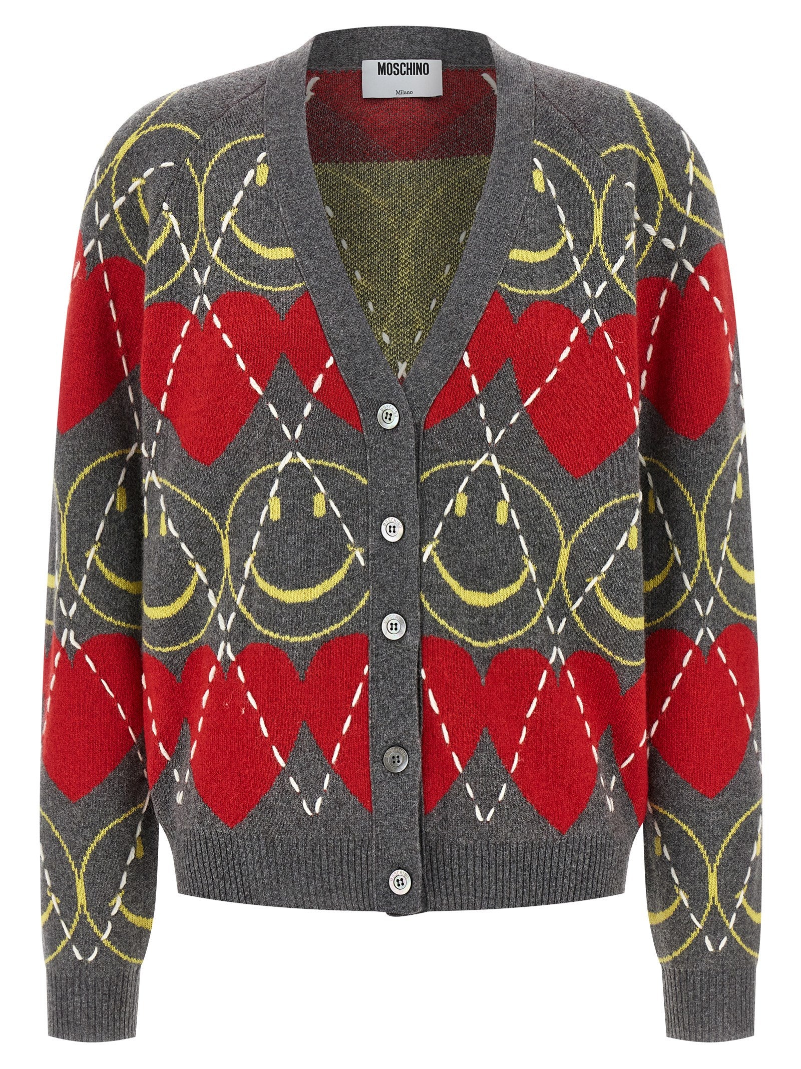 Heart & Smiley Jacquard Cardigan — Gray