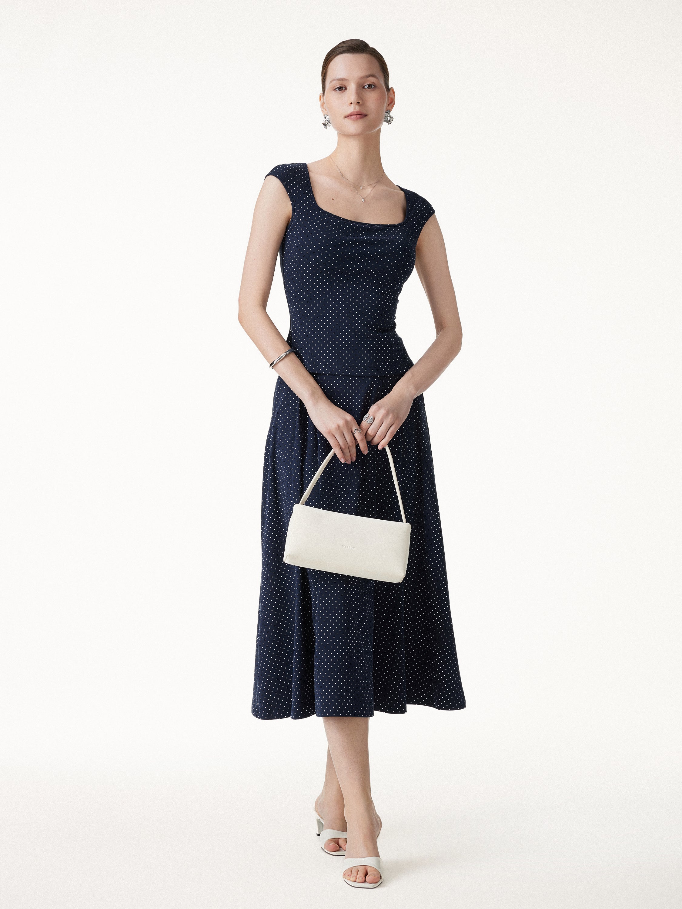 2Pcs Set Square Neck Bra Top&Midi Skirt with Pockets - Navy/White Polka Dot / XS
