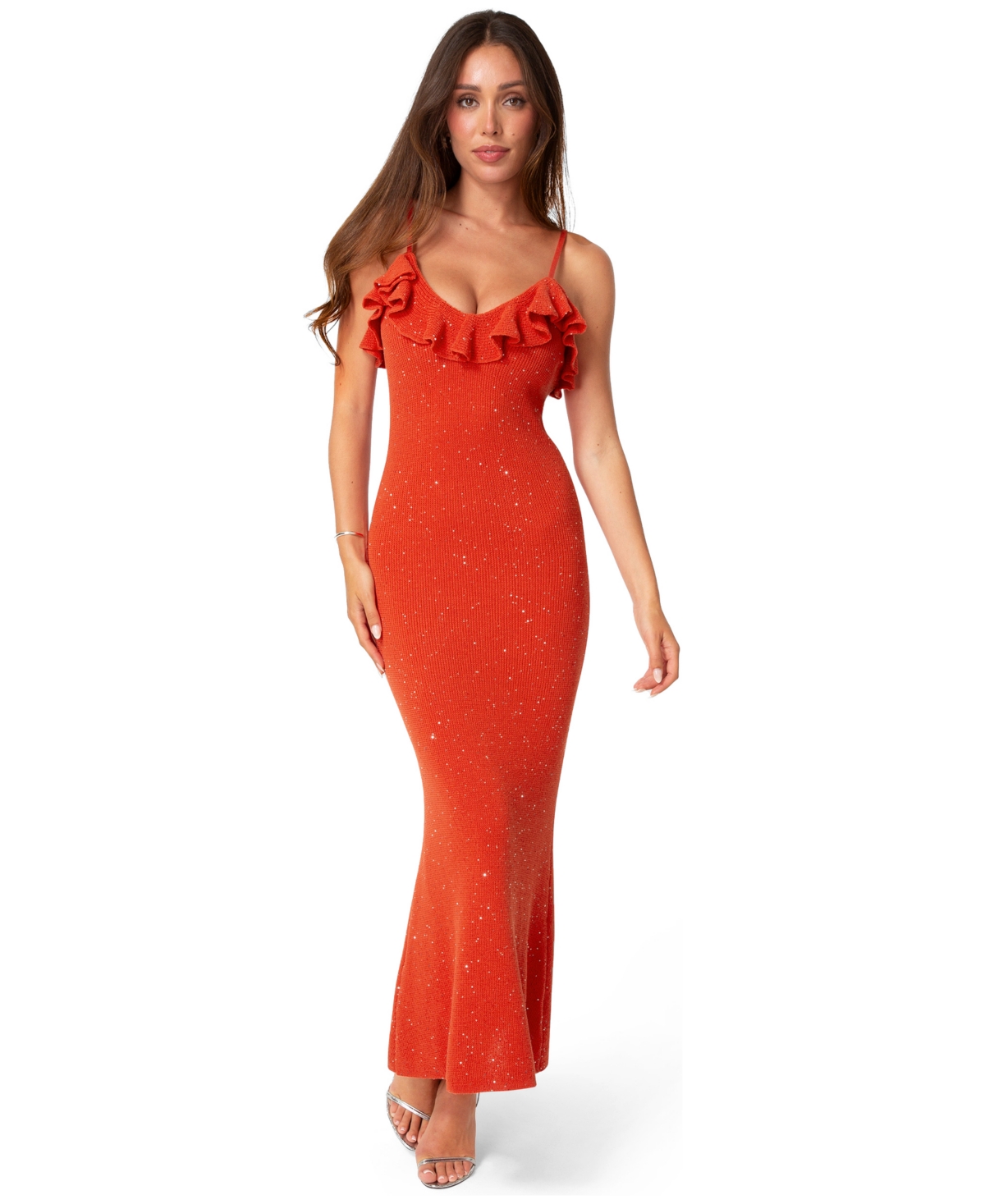 Women's Sequin Crochet Ruffle Neck Gown - Red