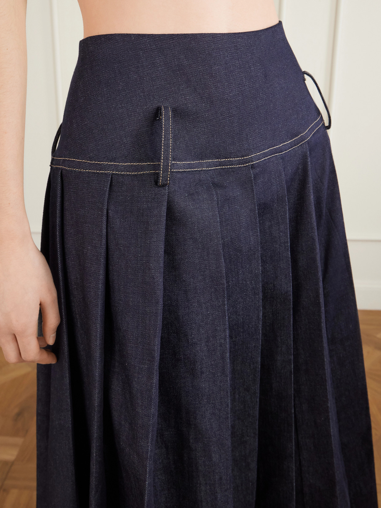 Pleated Denim Maxi Skirt - Blue