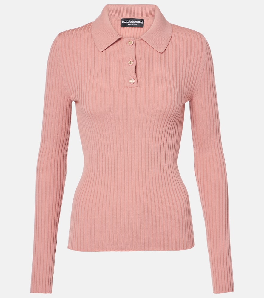 Ribbed-knit wool-blend polo sweater