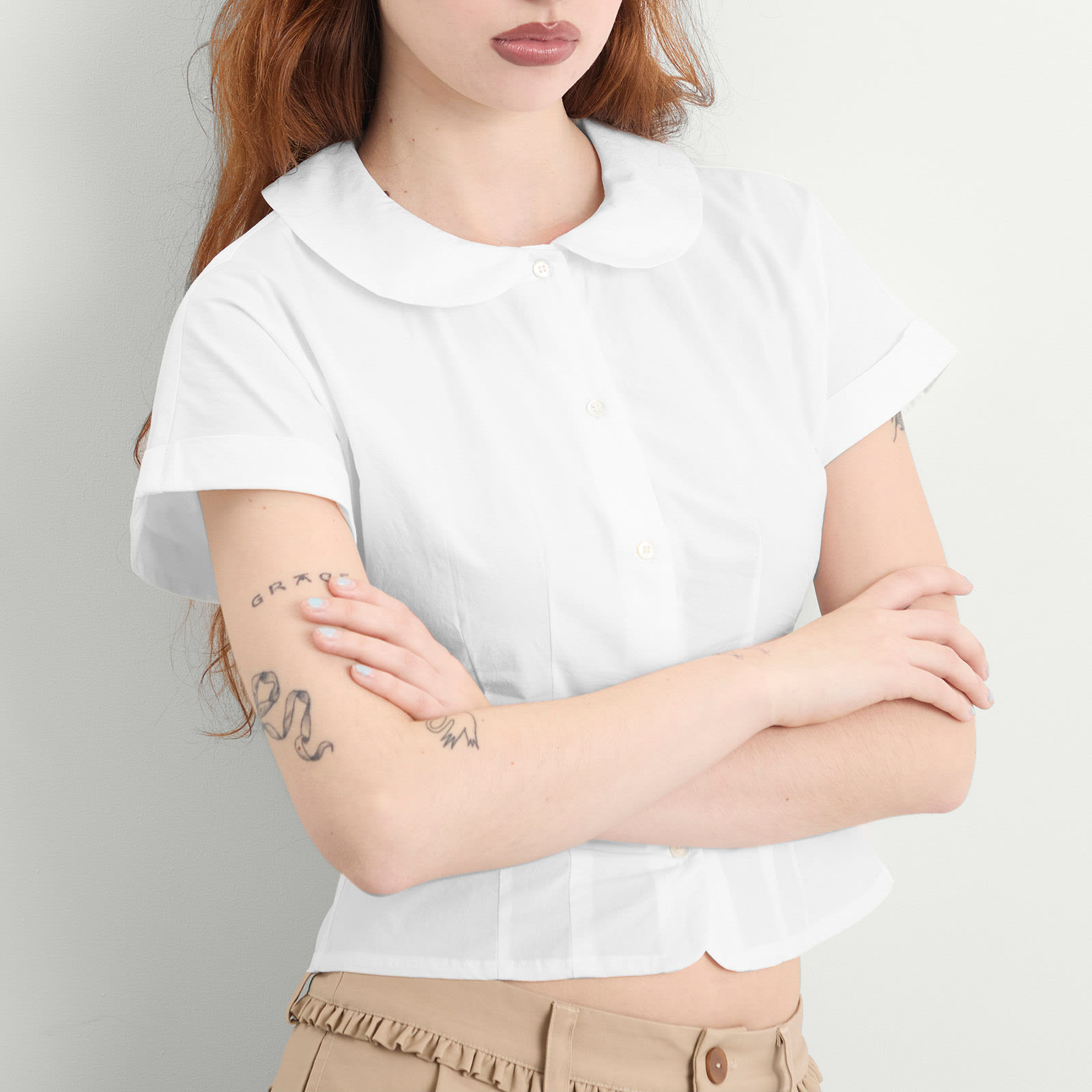 Women's Curved Collar Cap Sleeve Shirt in White