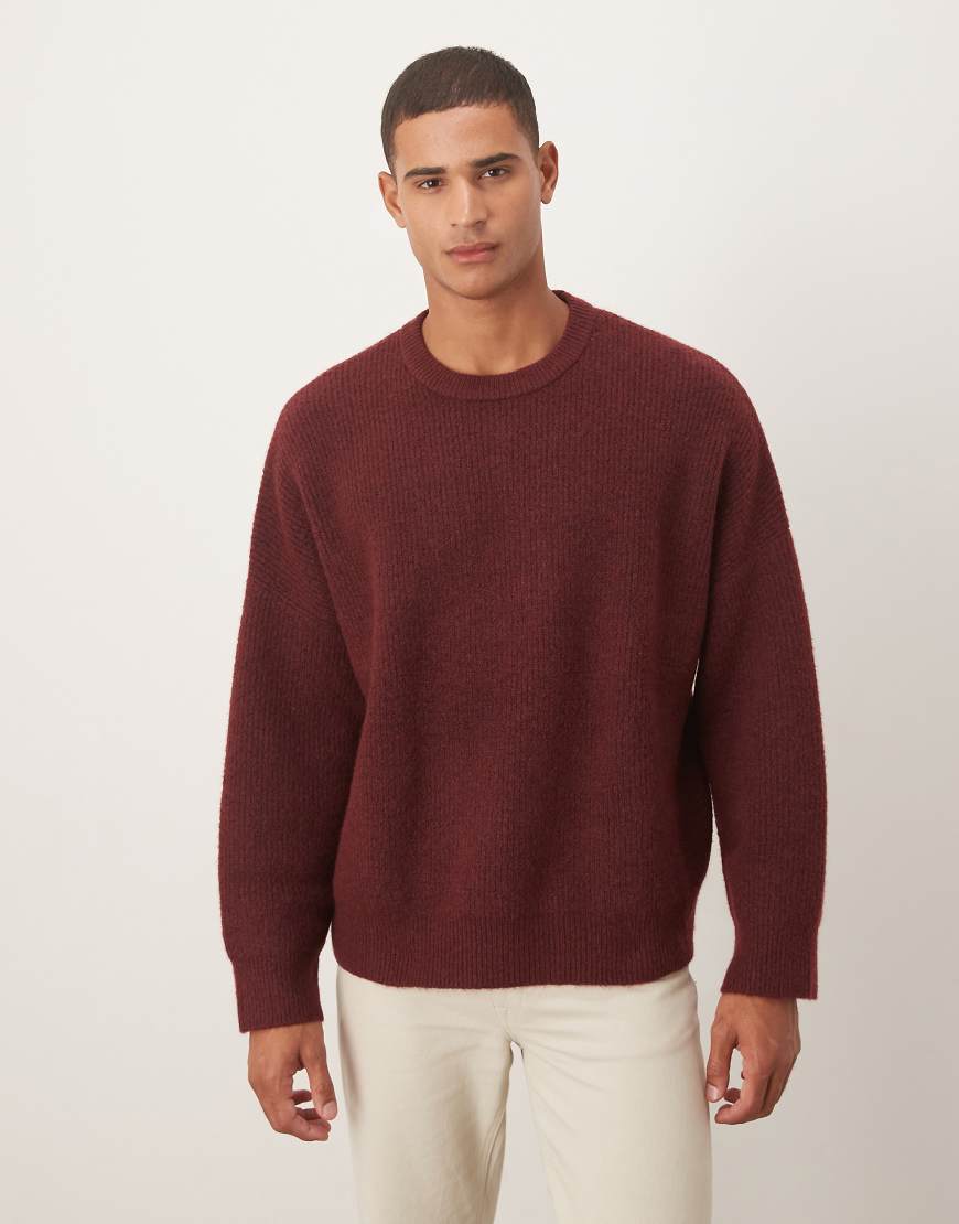 Super oversized boxy fit knitted fisherman rib jumper in burgundy-Red