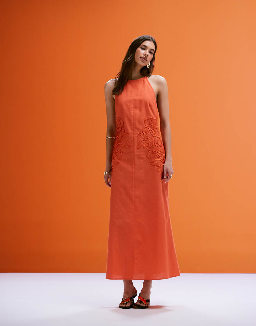 ASOS DESIGN low back halter midi dress with waist embroidery in orange