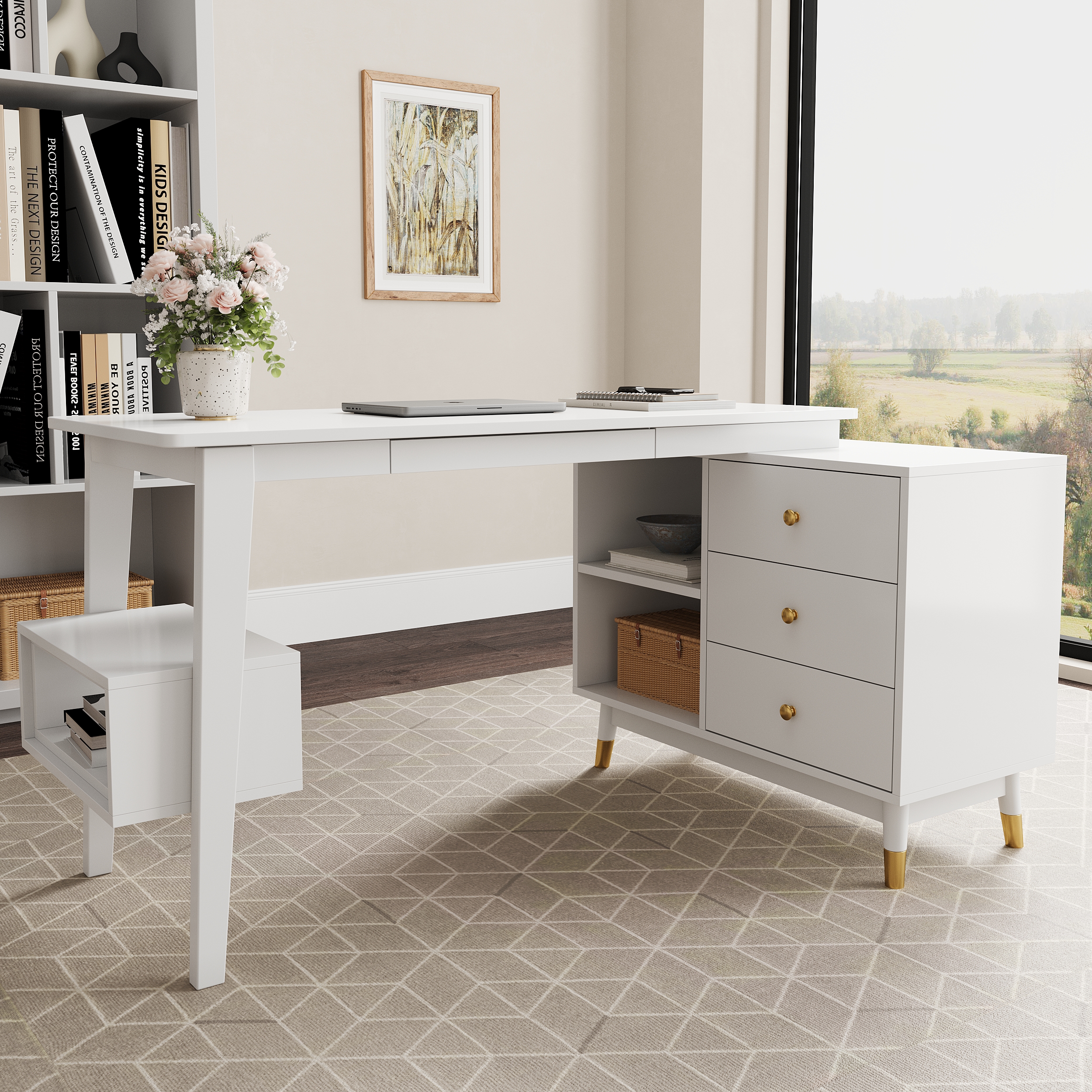 Ultic White L-förmiger Home-Office-Schreibtisch mit Schubladen und Ablage, Computertisch (1200 mm)