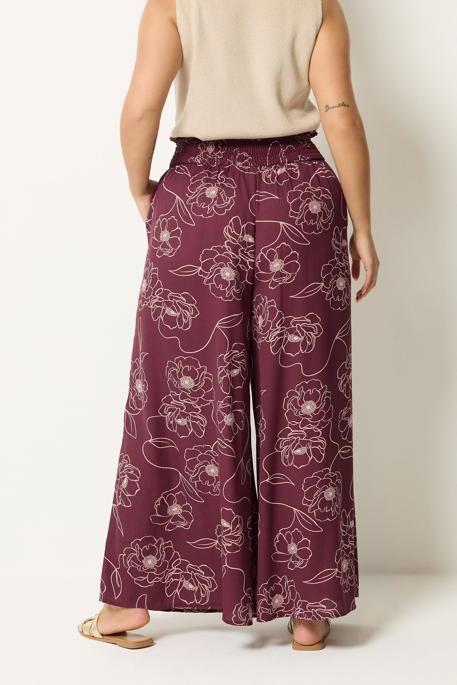 Yours Women's Floral Wide Leg Trousers in Burgundy