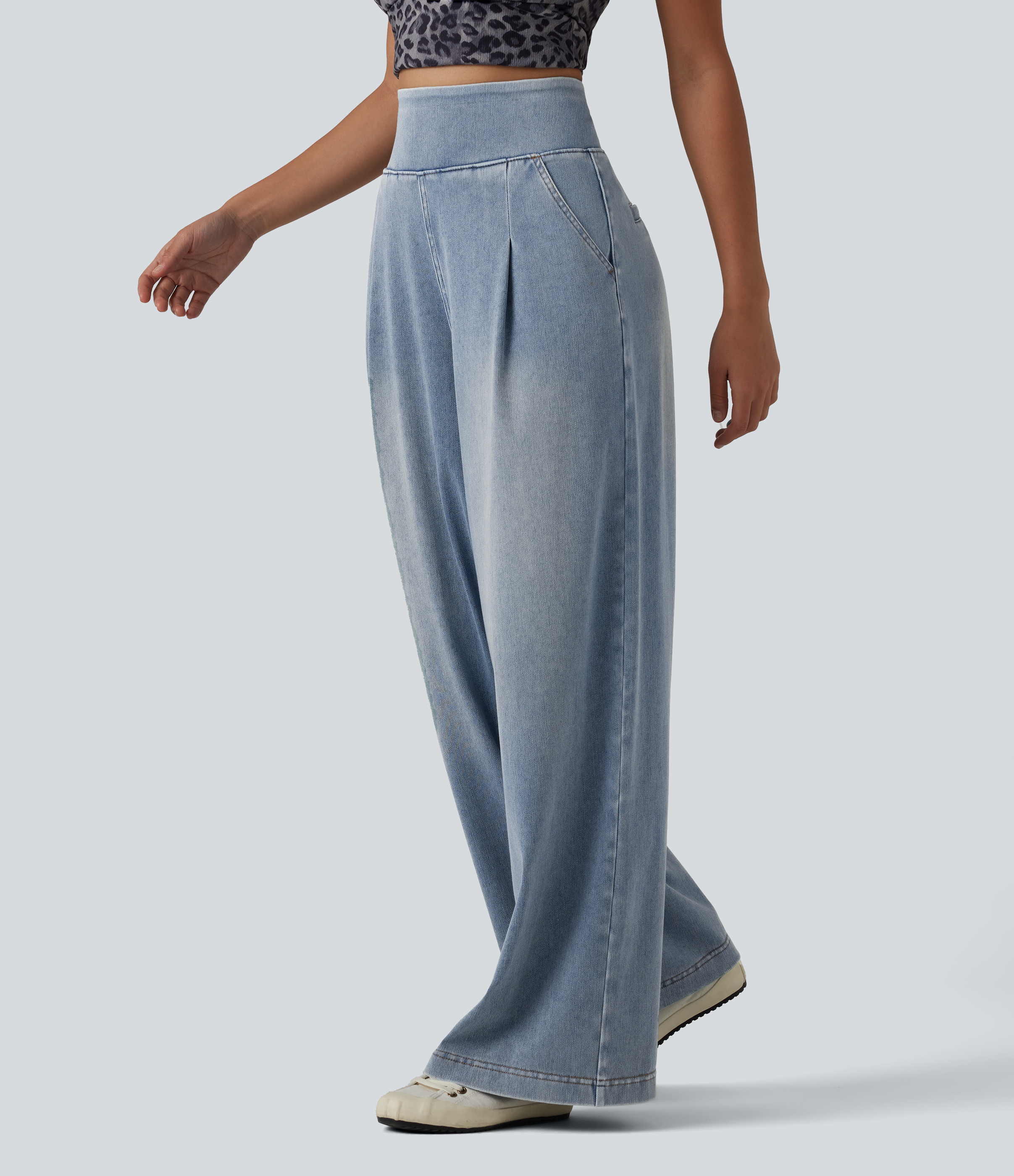 Flex™ High Waisted Wide Leg Washed Casual Jeans with Pockets  - Blue Flower Denim
