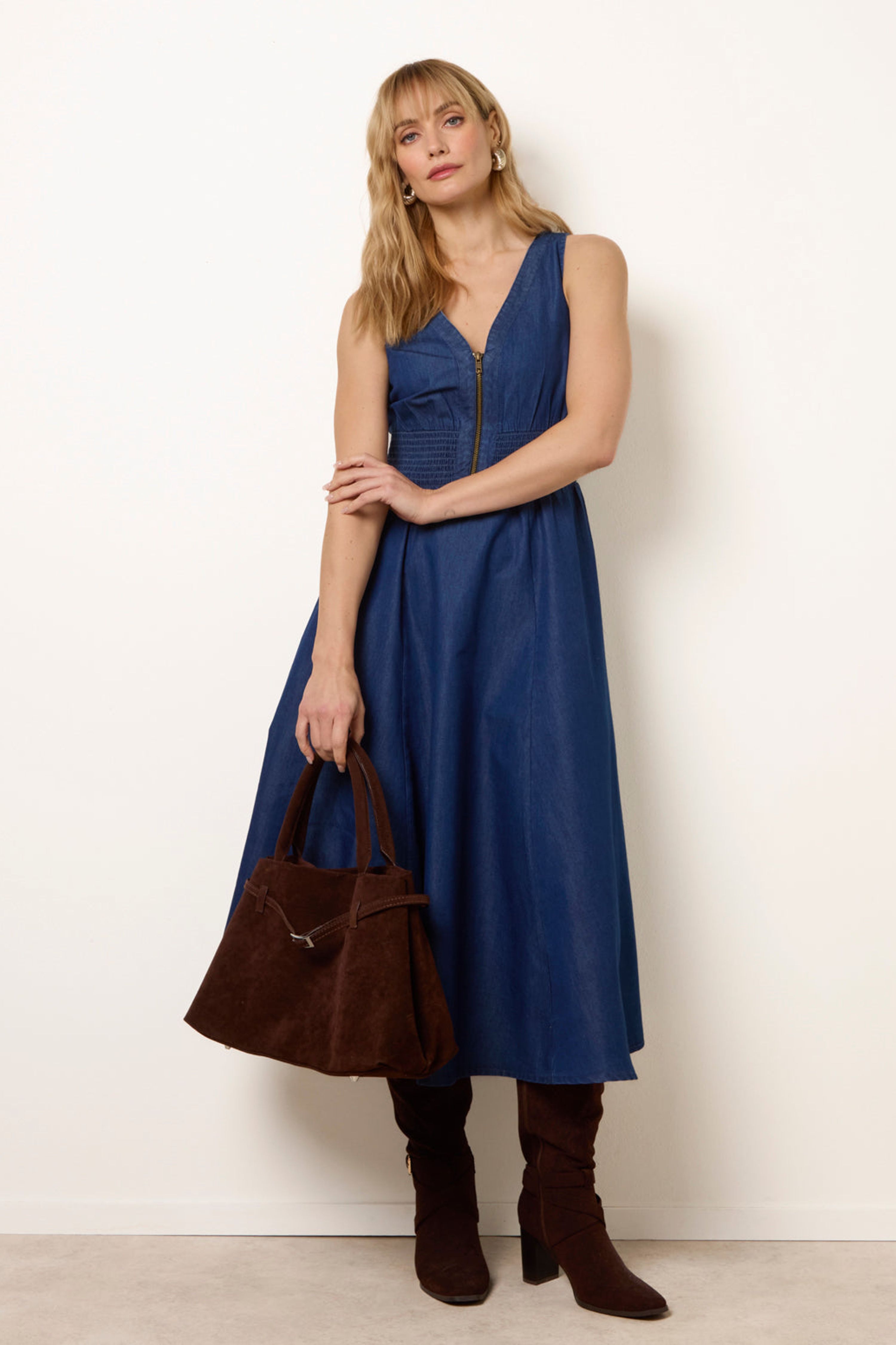 Blue Vanilla Women's Shirred Waist Blue Sleeveless Slip On V-neck Maxi Dress | : Mediu