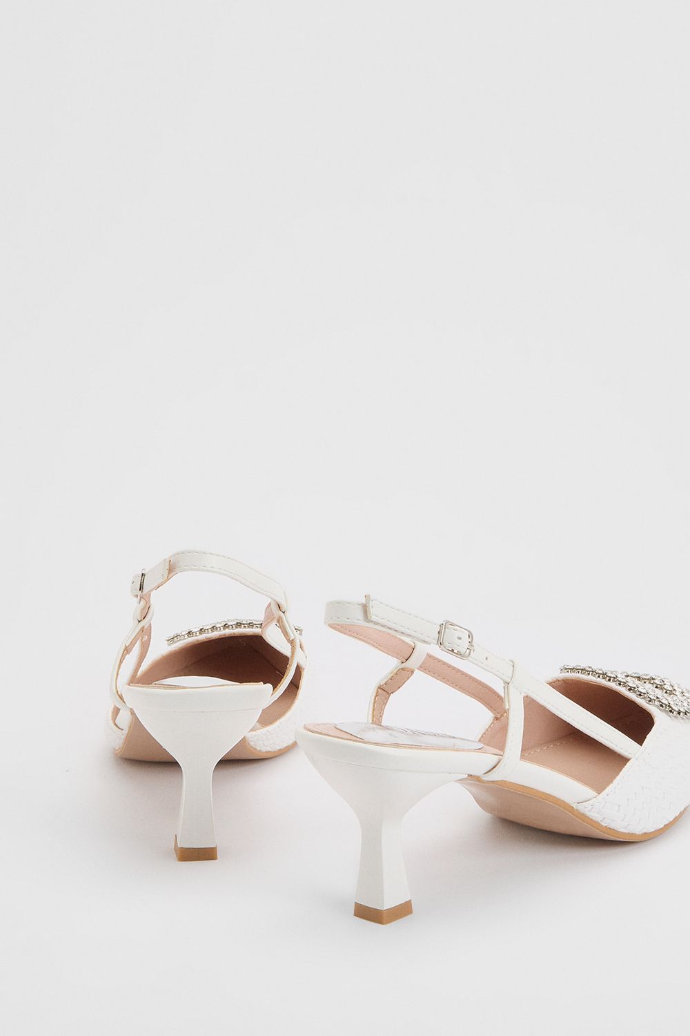 Oasis Womens Layla Faux Leather Woven Embellished Square Trim Point Kitten Heel Court Shoes - White