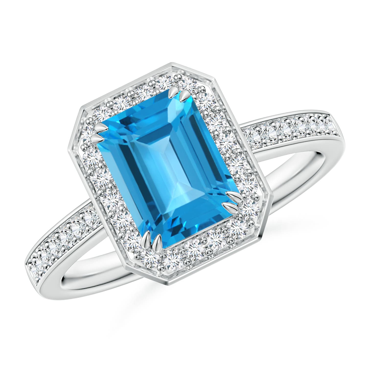 Angara 1.95 Carats Emerald-Cut Swiss Blue Topaz Engagement Ring with Diamonds in Platinum
