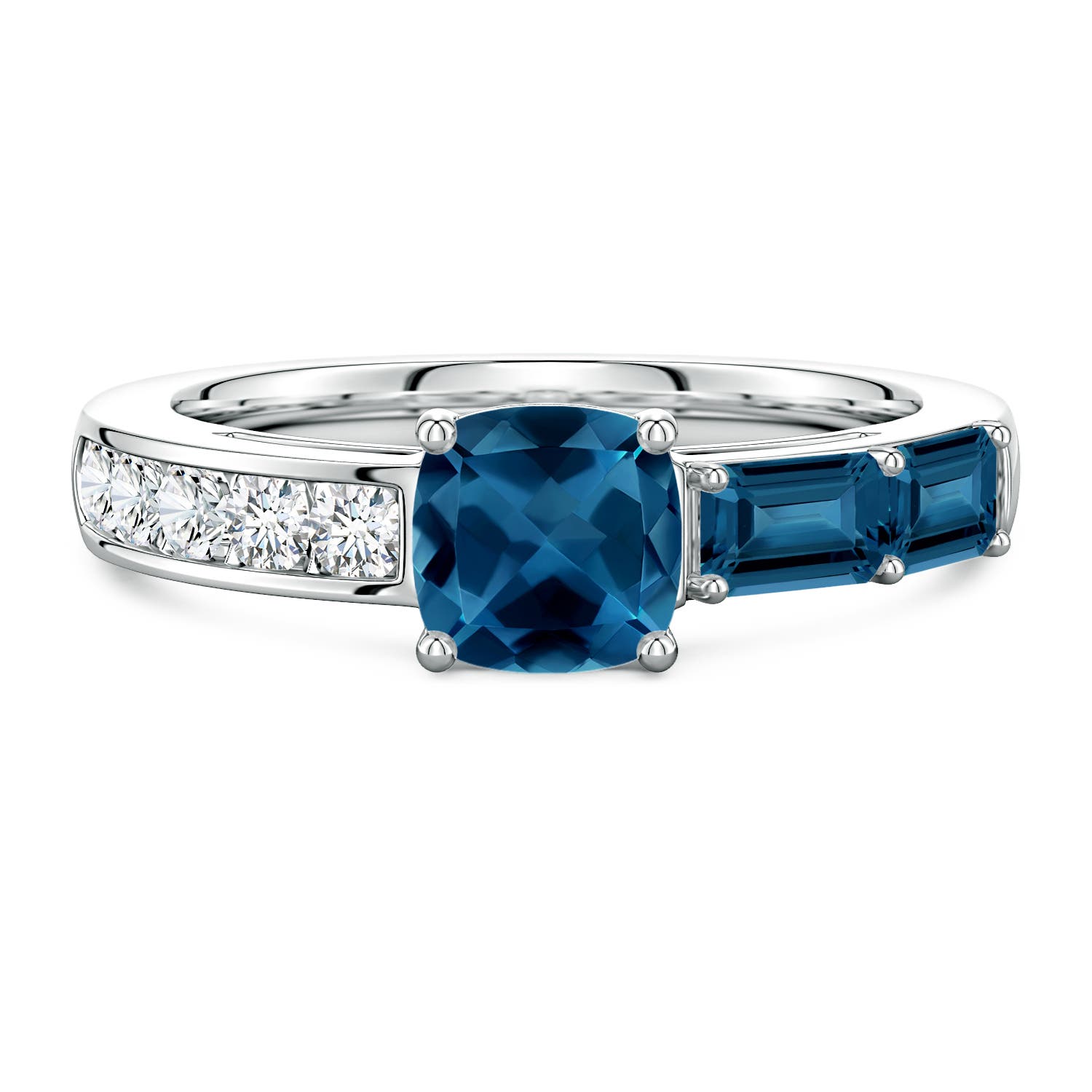 Lee Harris x Angara 2.09 CTW Cushion London Blue Topaz Modern Art Deco Inspired Side Stone Ring in Platinum