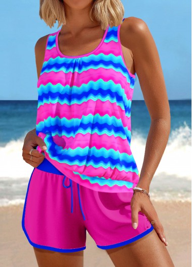 Modlily Patchwork Wave Pattern Print Neon Green Tankini Set