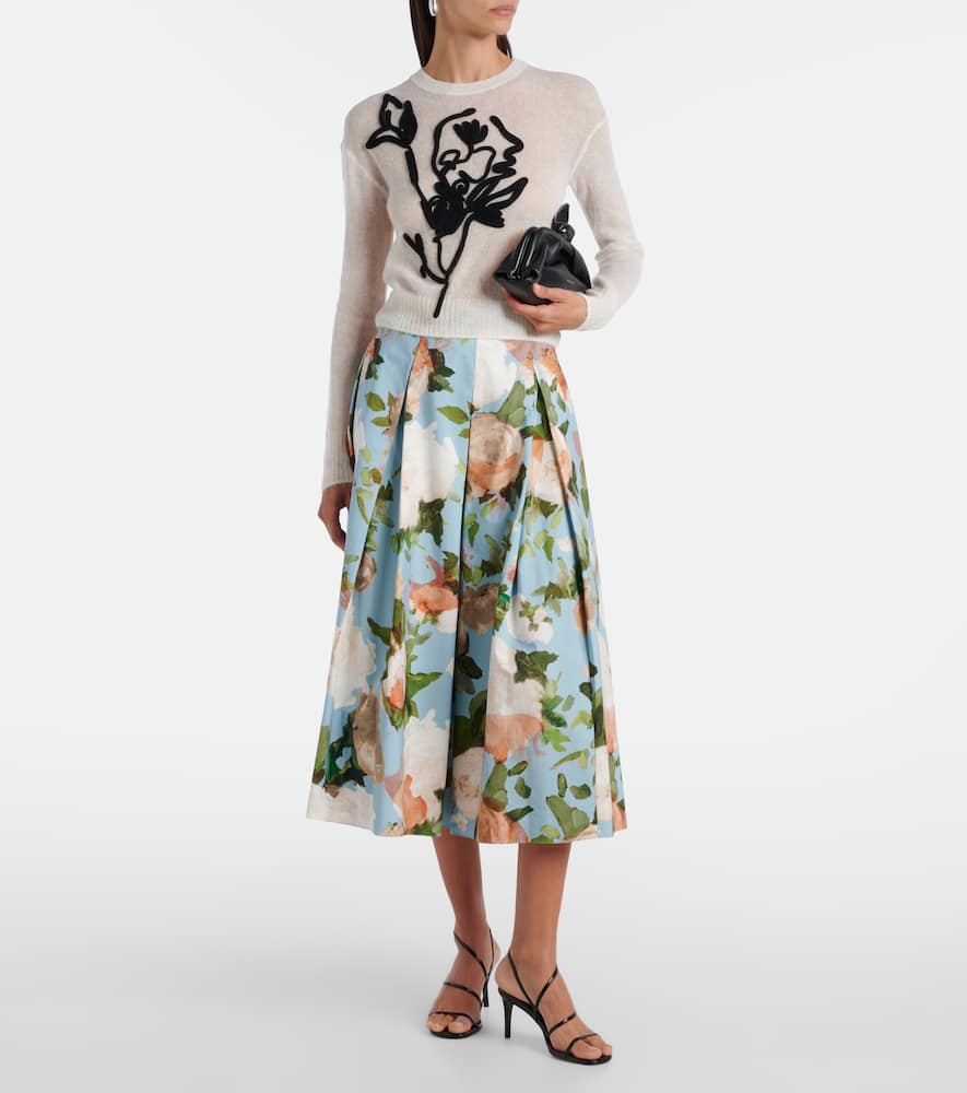 Floral pleated cotton midi skirt