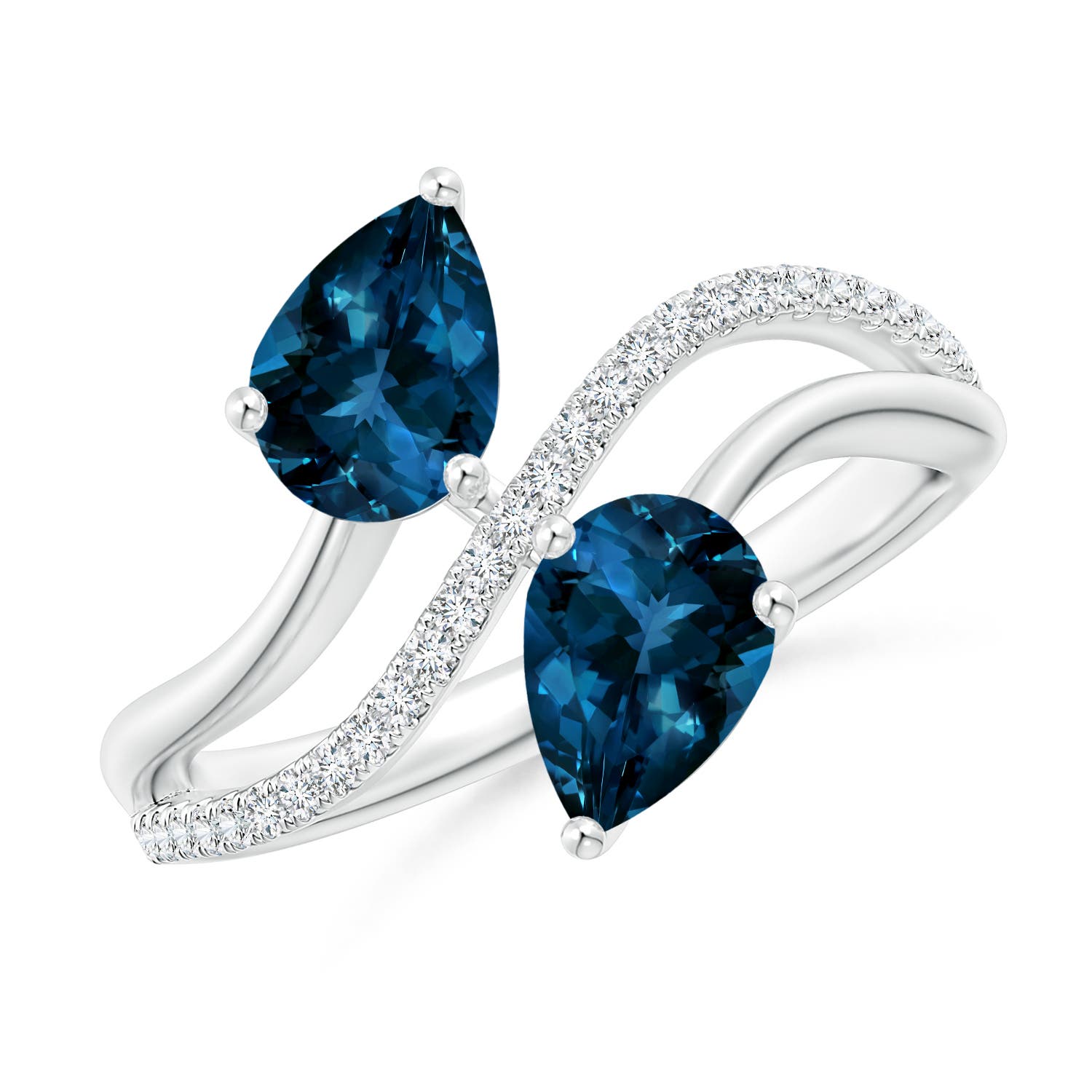 Angara 1.6 Carats Pear-Shaped London Blue Topaz Two-Stone Bypass Ring in Platinum