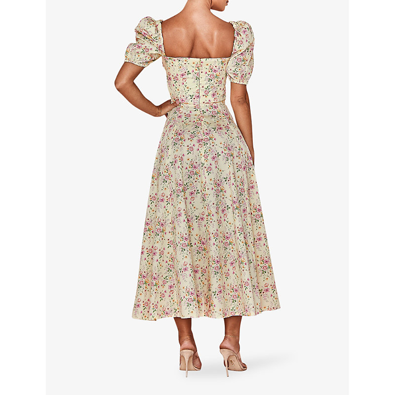 Womens Lemon Floral Tallulah Puffed-sleeve Cotton-blend Midi Dress