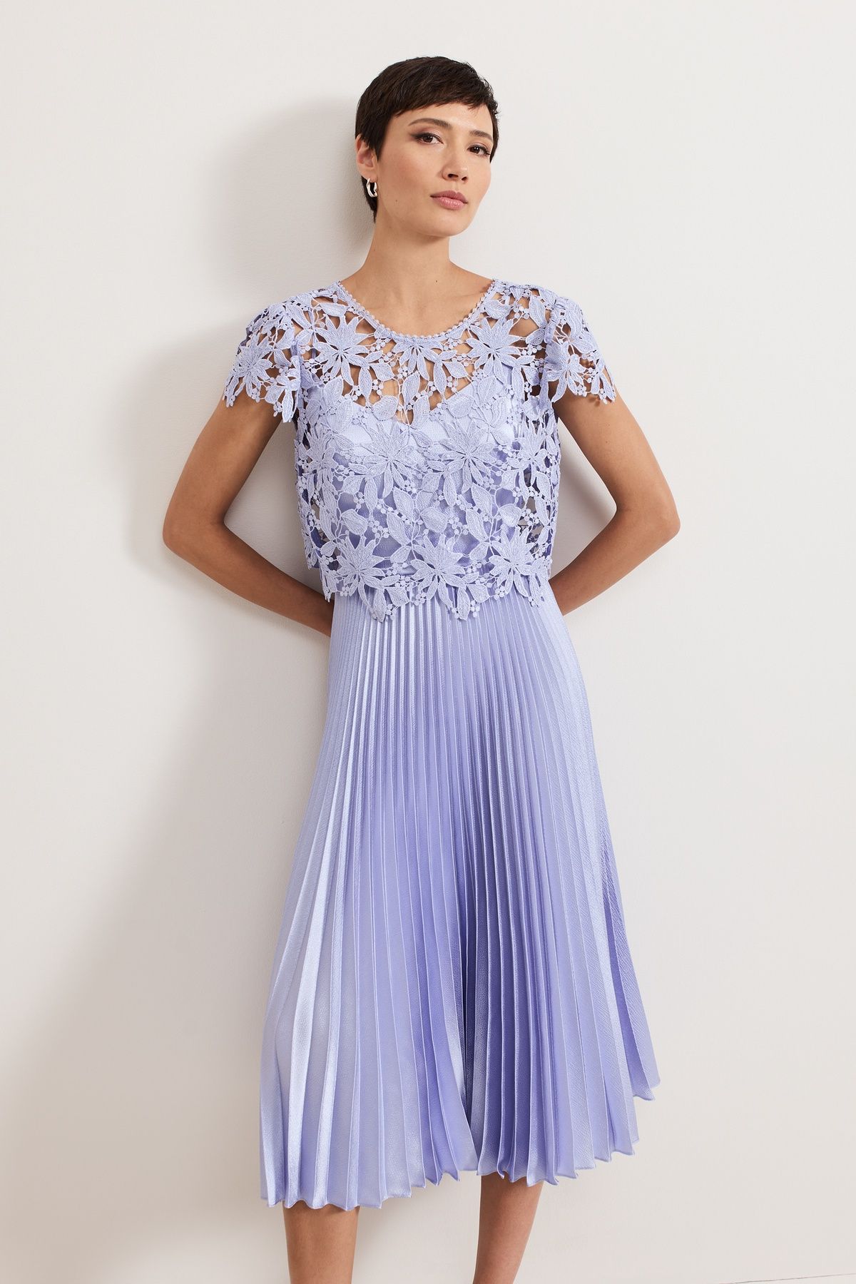 Phase Eight Dana Lace Double Lay Pleated Midi Dress In Pale Blue
