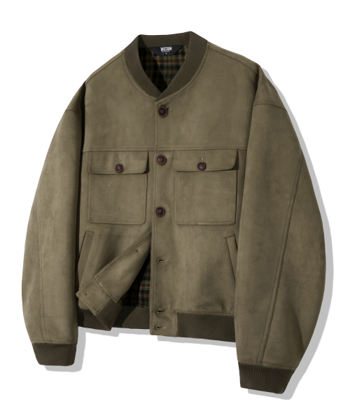 Two Pocket Button Suede Bomber Jacket_Khaki