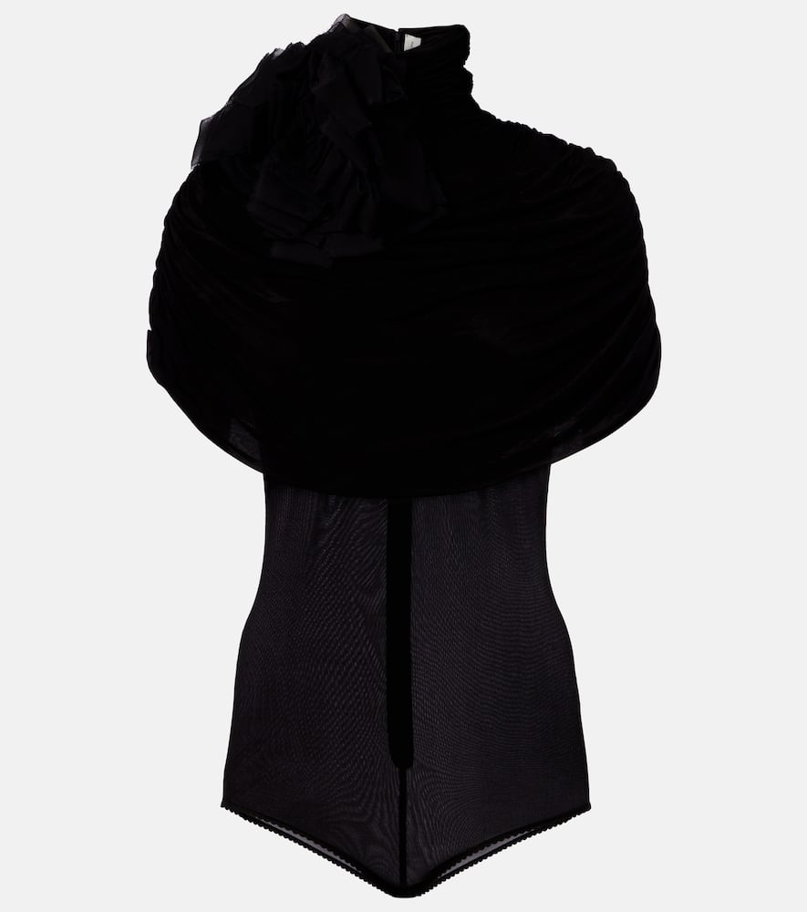 Floral-appliqué caped bodysuit