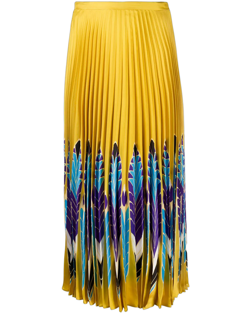 Feather Print Pleated Midi Skirt — Yellow