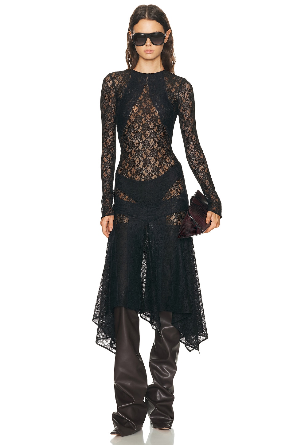 THE ATTICO Long Sleeve Lace Midi Dress in Black - Black. 40 also