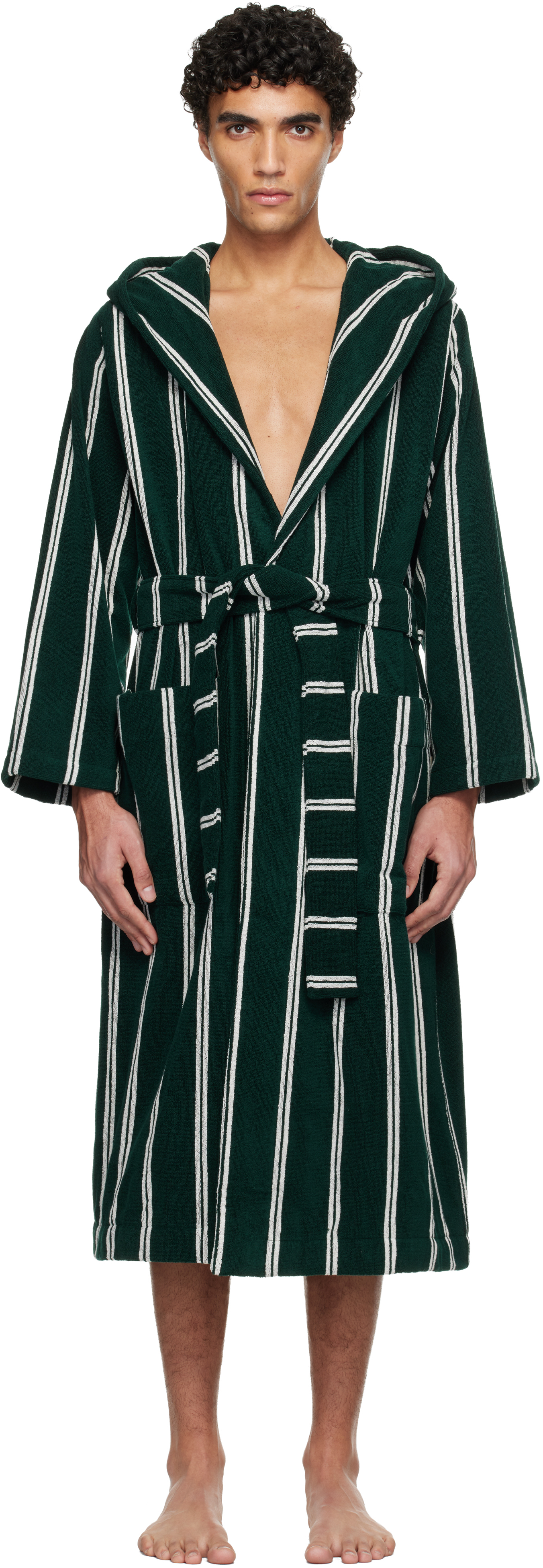 Green & White Terry Hooded Bathrobe