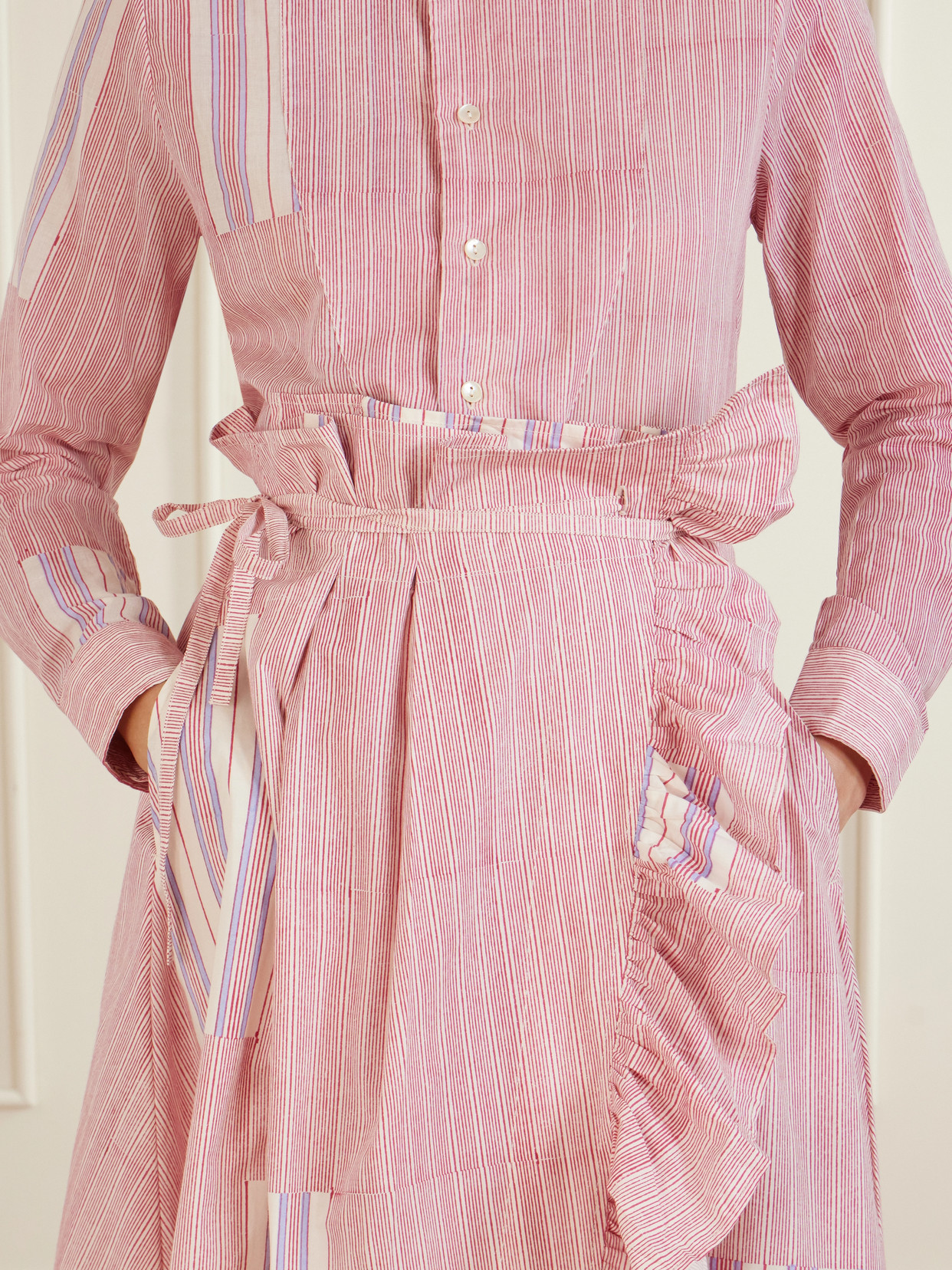 Tasha Ruffled Striped Cotton-voile Wrap Midi Skirt - Pink