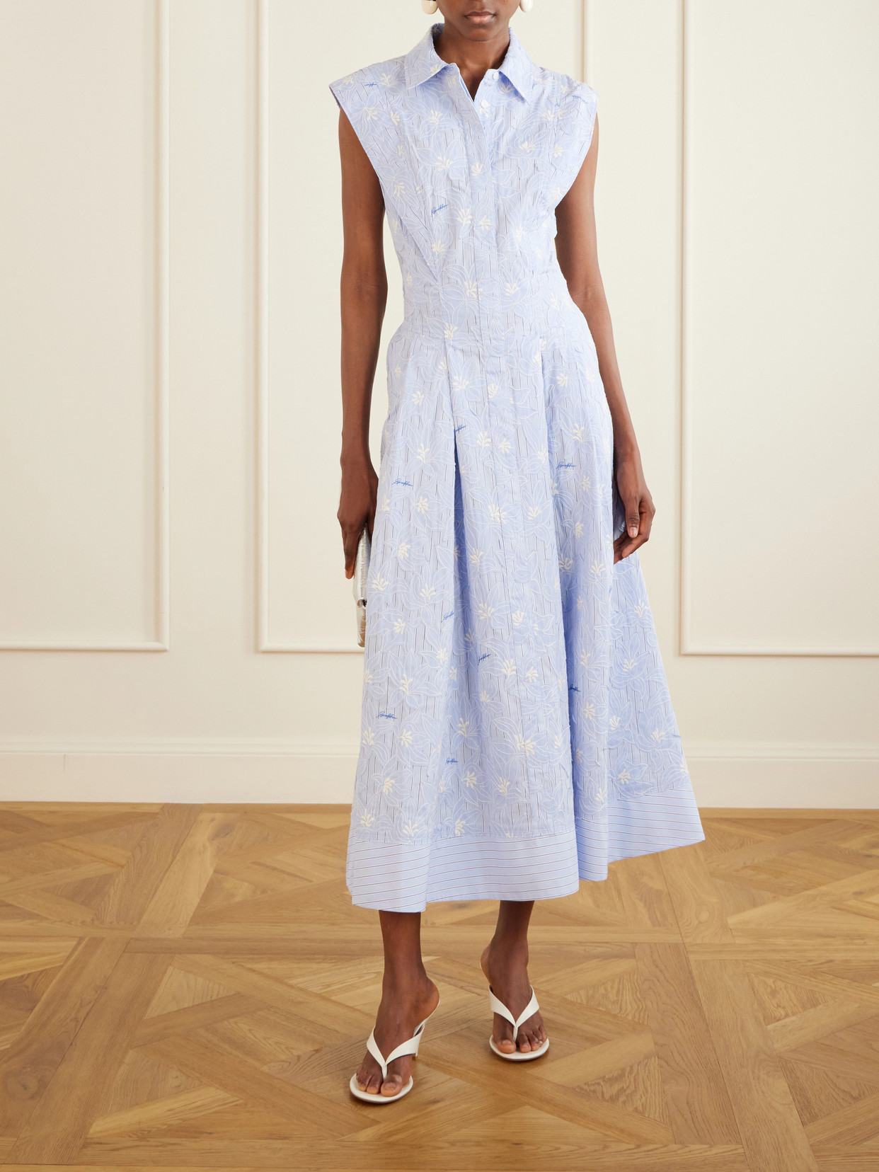 Neri Embroidered Striped Cotton-poplin Midi Dress - Pink