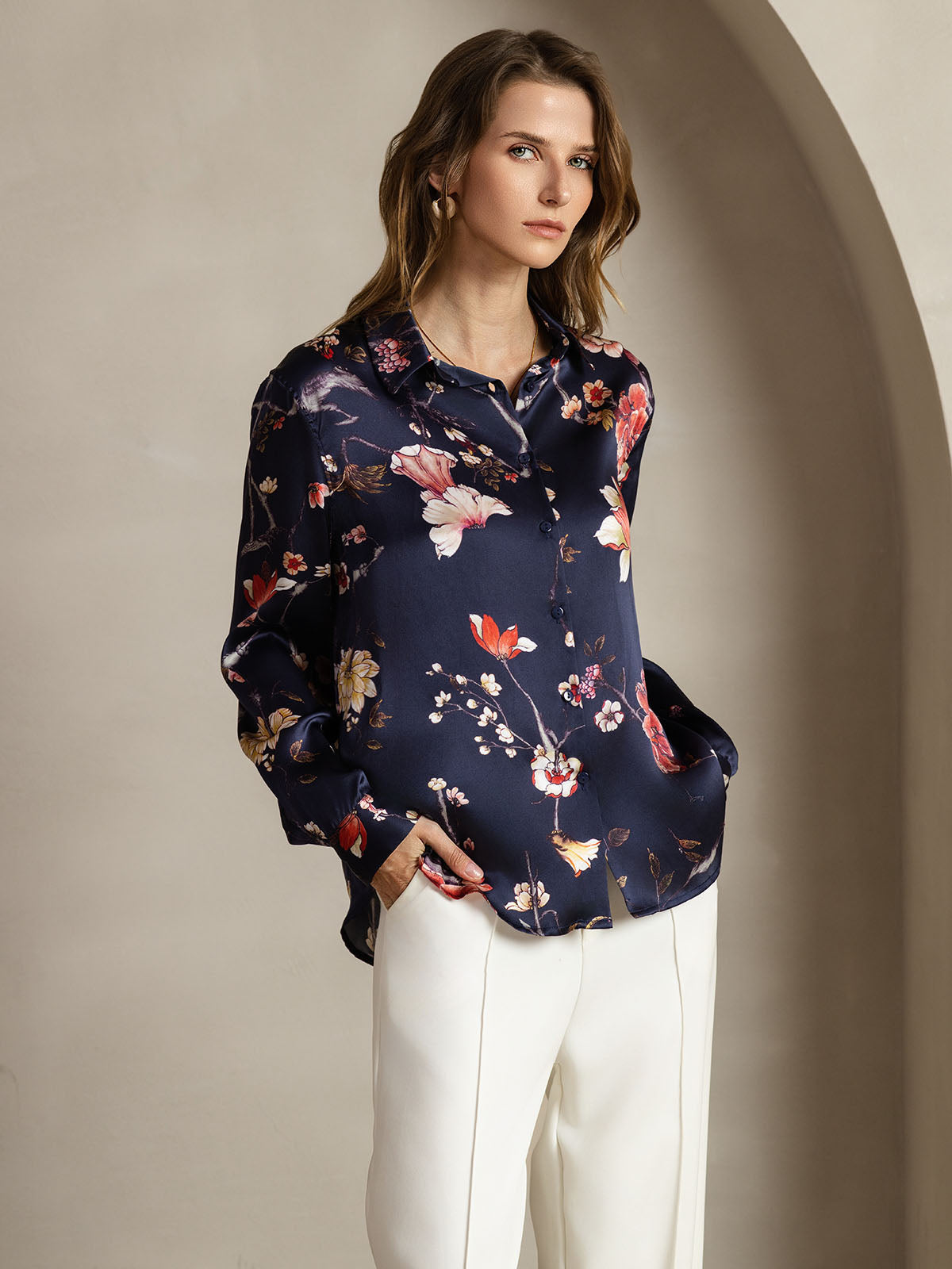 19Momme Silk Long Sleeve Lapel Collar Navy Floral Women's Shirt