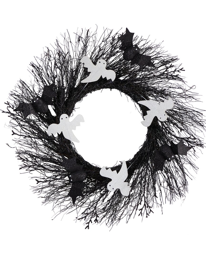 Halloween Ghost And Bats Twig Wreath 22In.