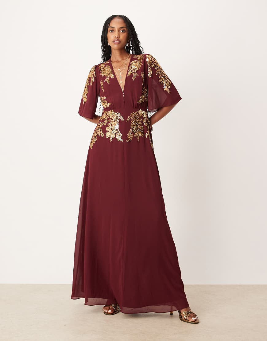 V-neck embellished maxi dress in burgundy-Red