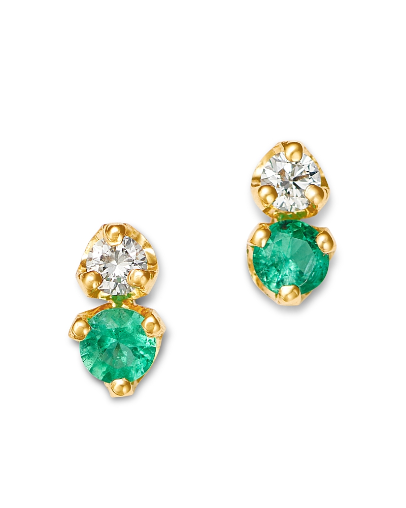 14K Yellow Gold Emerald & Diamond Stud Earrings