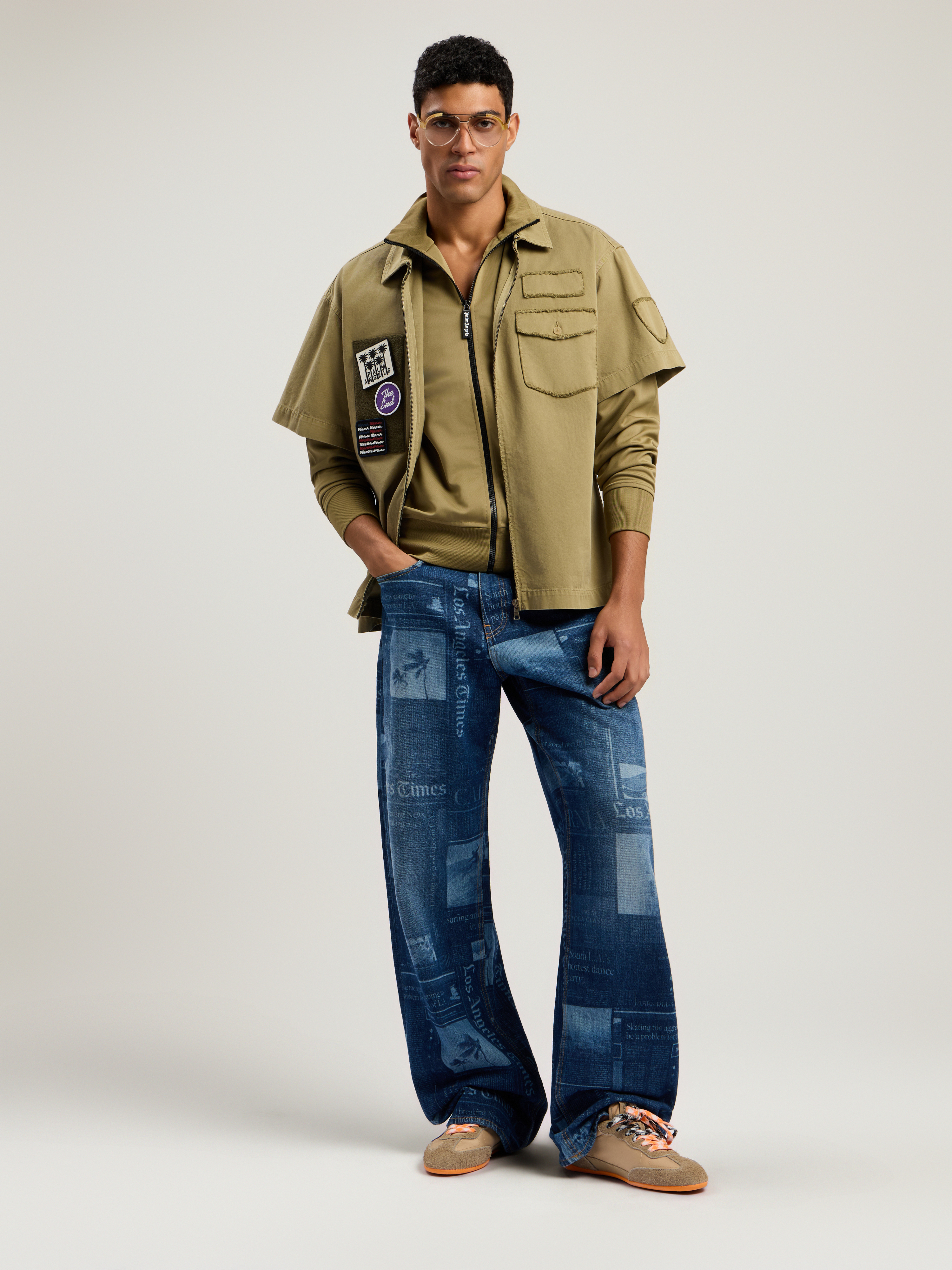 Military Patch Zipped Shirt Man  Army Green