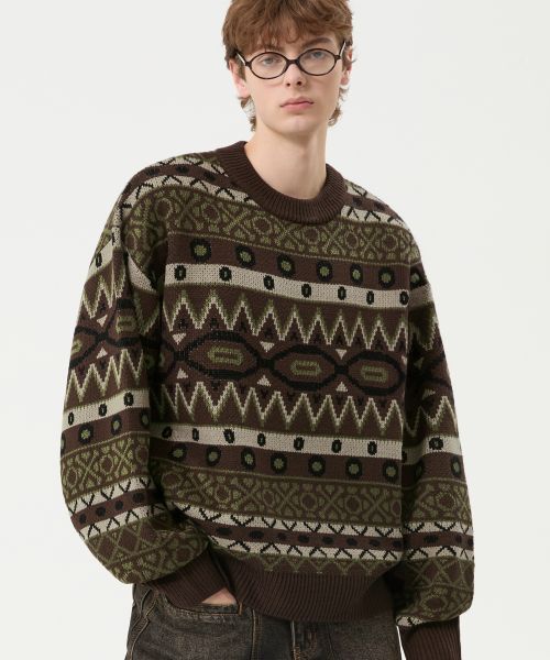 Vintage Fair Isle Jacquard Crewneck Knit_Brown