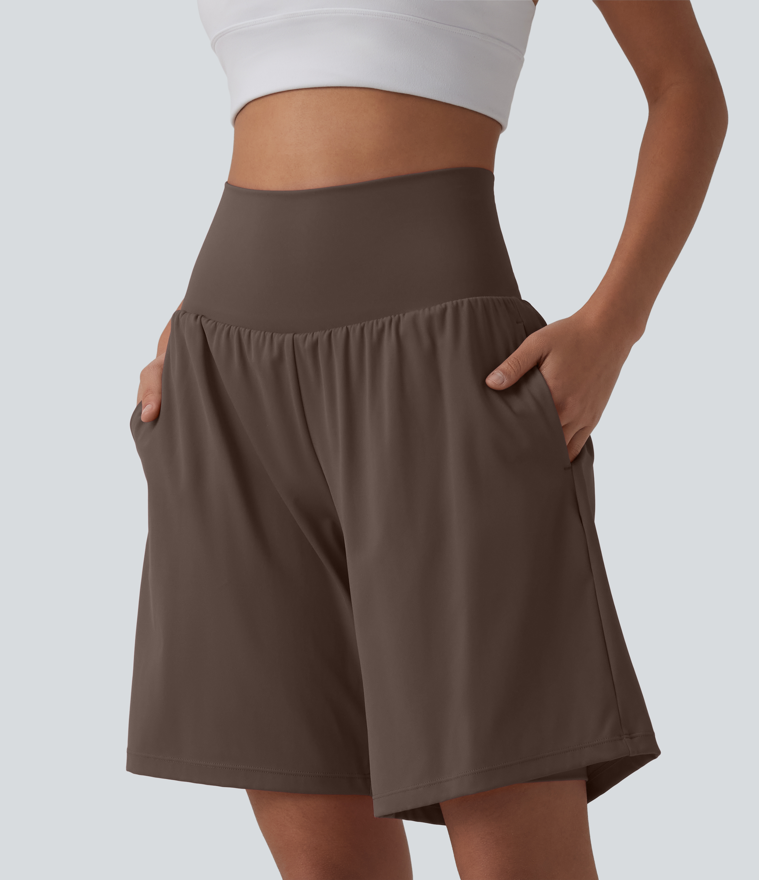 "SoftlyZero™ Airy Super High Waisted 2-in-1 Cool Touch Yoga Shorts 9"" with Pockets Gym Short - Chocolate Martini