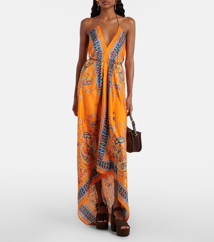 Paisley asymmetric open-back maxi dress