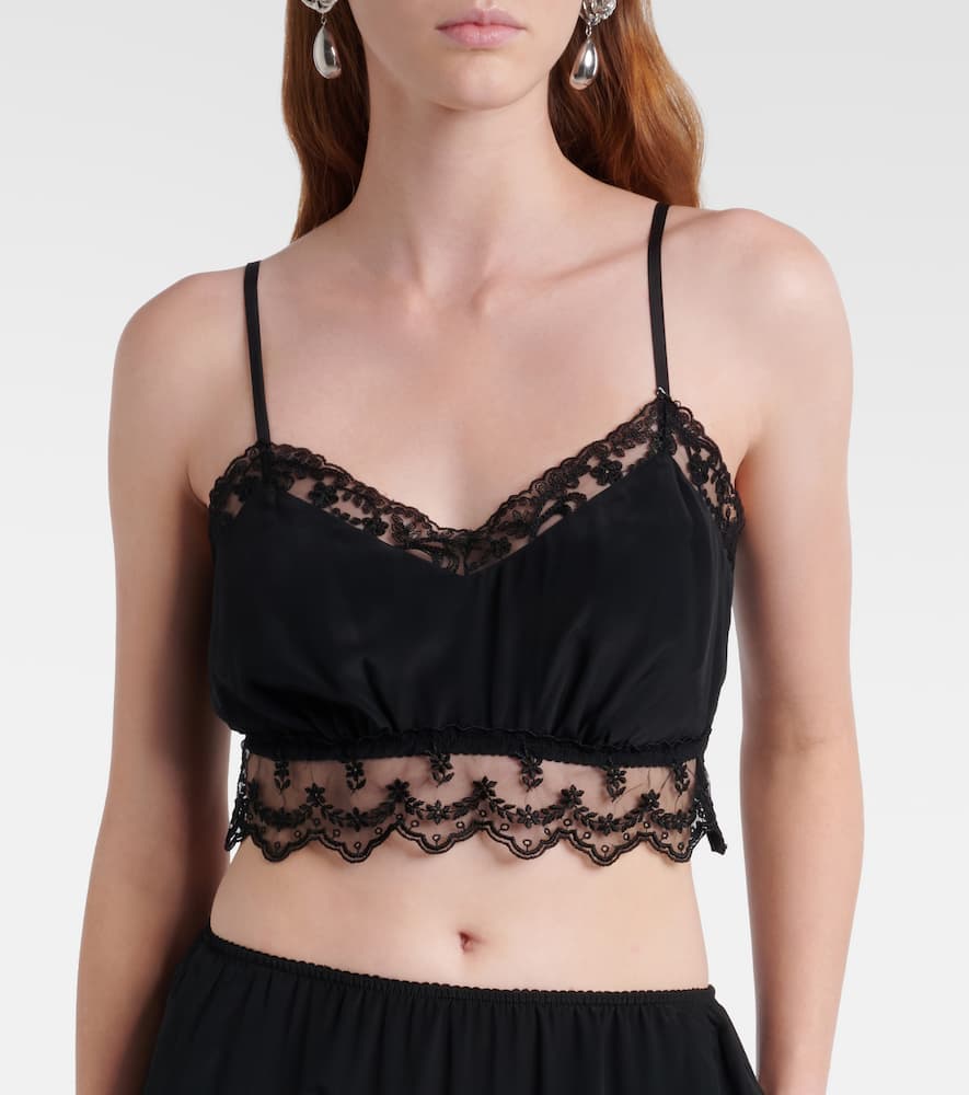 Lace-trimmed crêpe de chine crop top