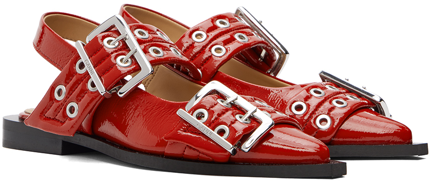 GANNI Red Wide Welt Buckle Ballerina Flats