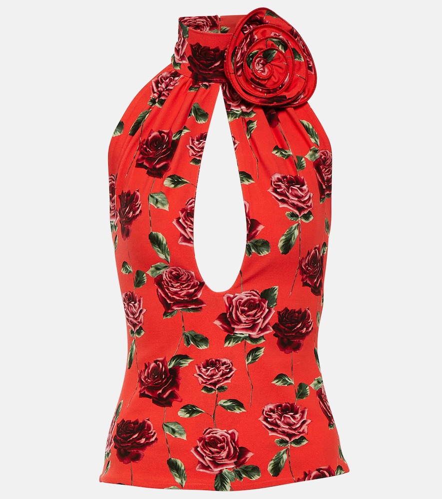 Floral-appliqué cutout halterneck top