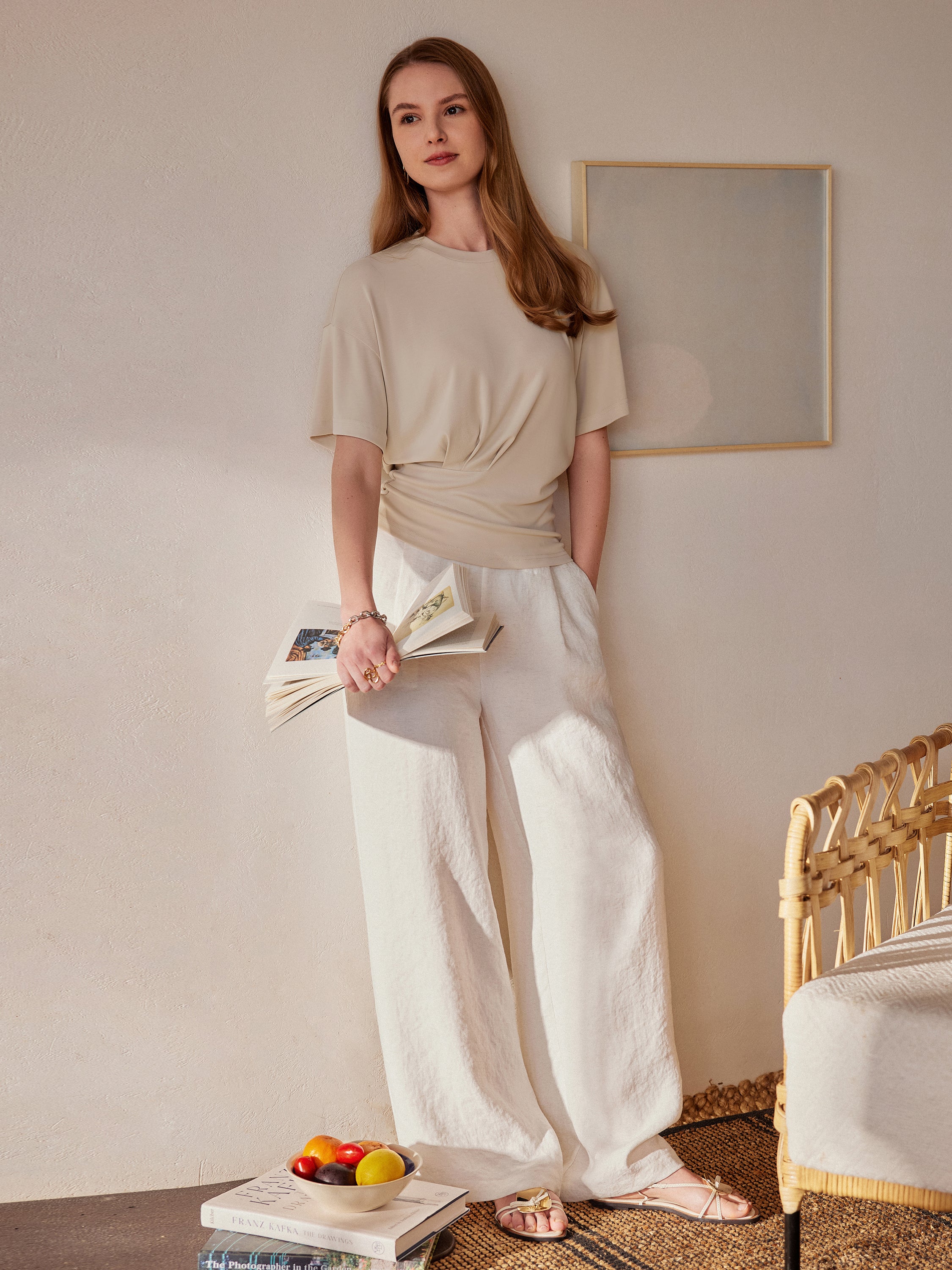2Pcs Set Sandwashed Crewneck Short Sleeve Tee & Linen Mid Rise Wide Leg Pant with Pockets - Morning Mist/Linen White / XS
