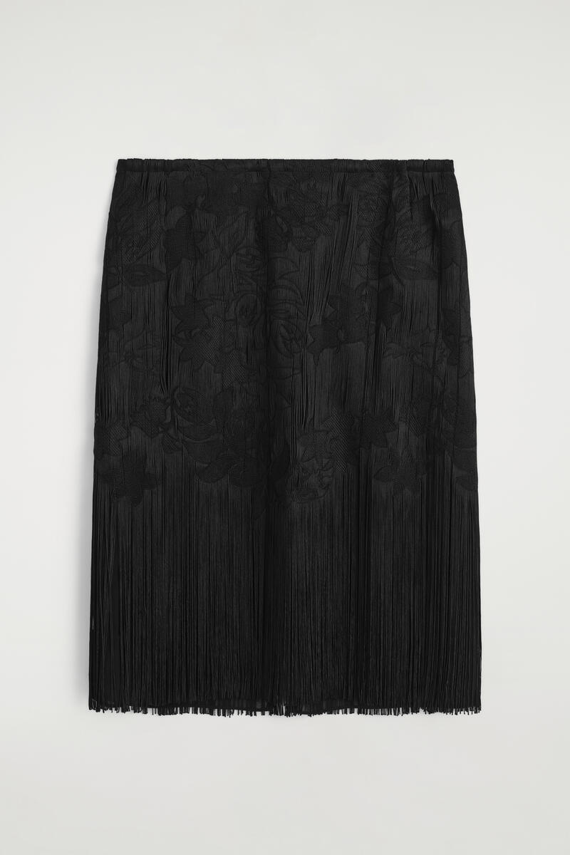 Embroidered Fringed Midi Skirt
