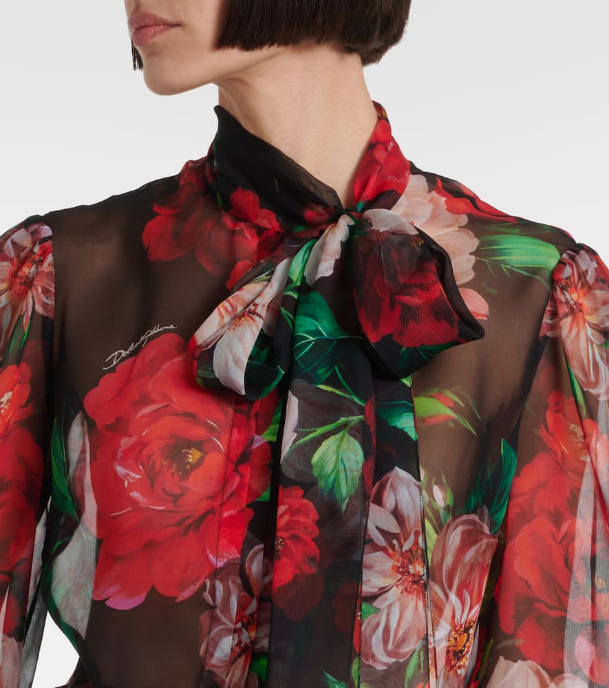 Floral tie-neck silk organza shirt