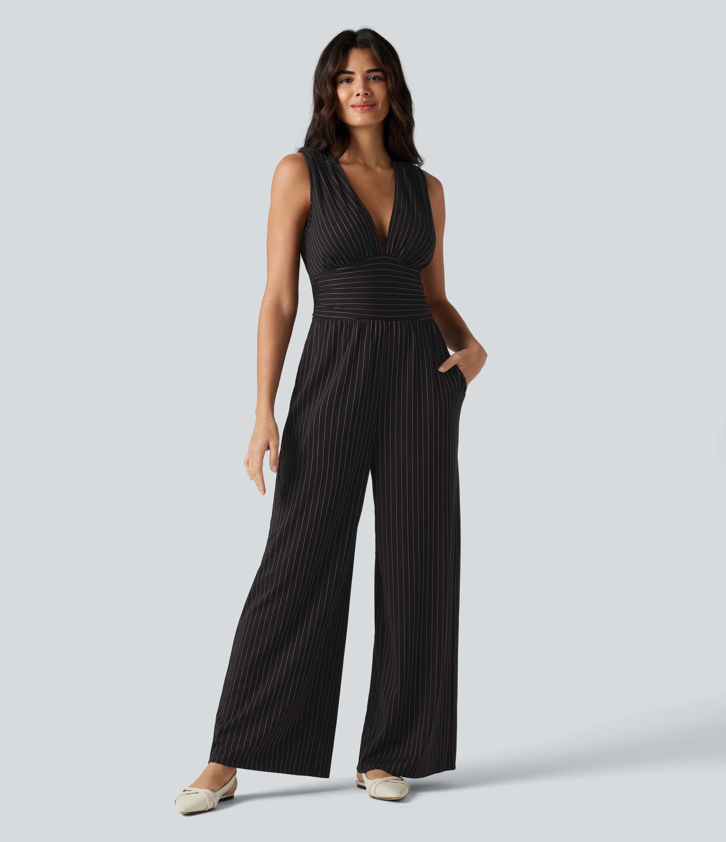 V Neck Sleeveless Ruched Stripes Work Jumpsuit with Pockets-Easy Peezy  - Black Brown Black Pinstripe