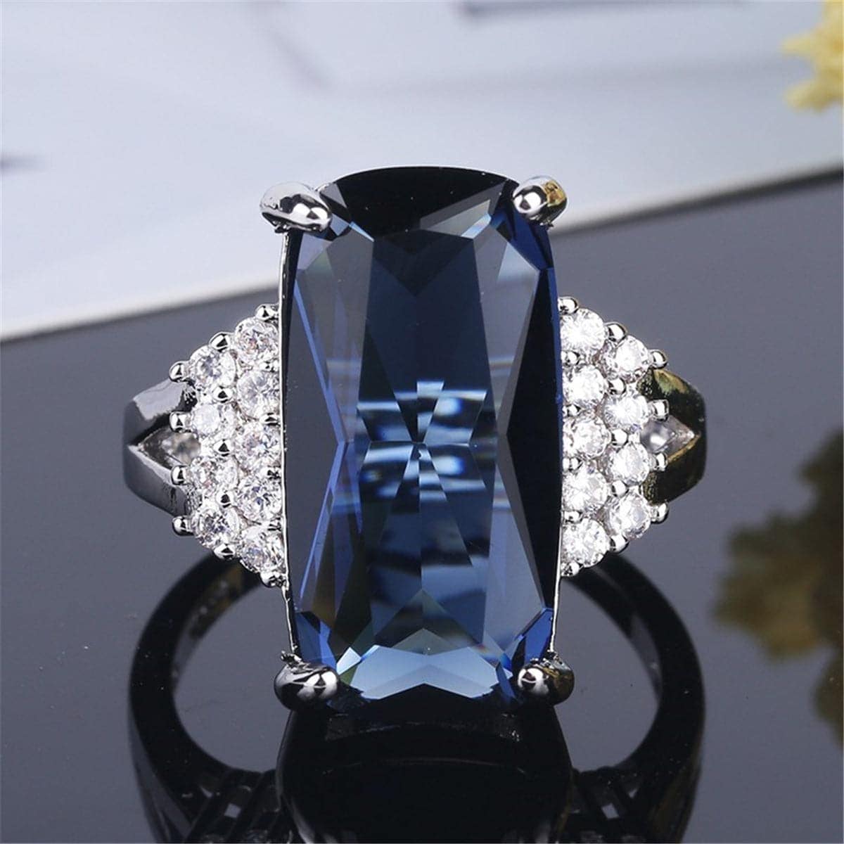 Blue & White Crystal Baguette-Cut Cocktail Ring
