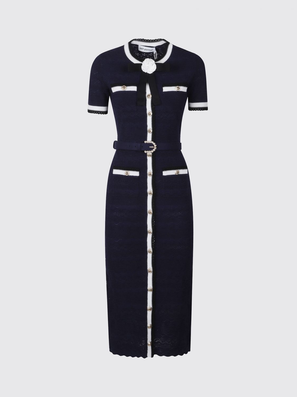 Navy Pointelle Knit Midi Dress